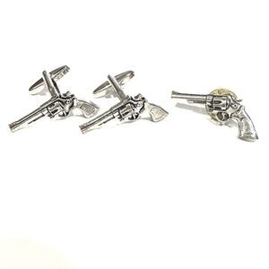 Pewter ^ Shooter Revolver Cufflinks & Matching Lapel Pin — 3-Piece Set